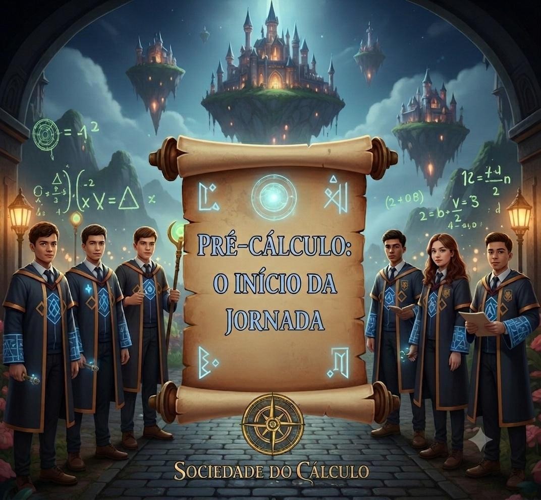 Ilustração da abertura da jornada de Pré-Cálculo no universo de A Sociedade do Cálculo
